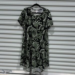 LuLaRoe Carly Black & Olive Green Floral Midi Dress